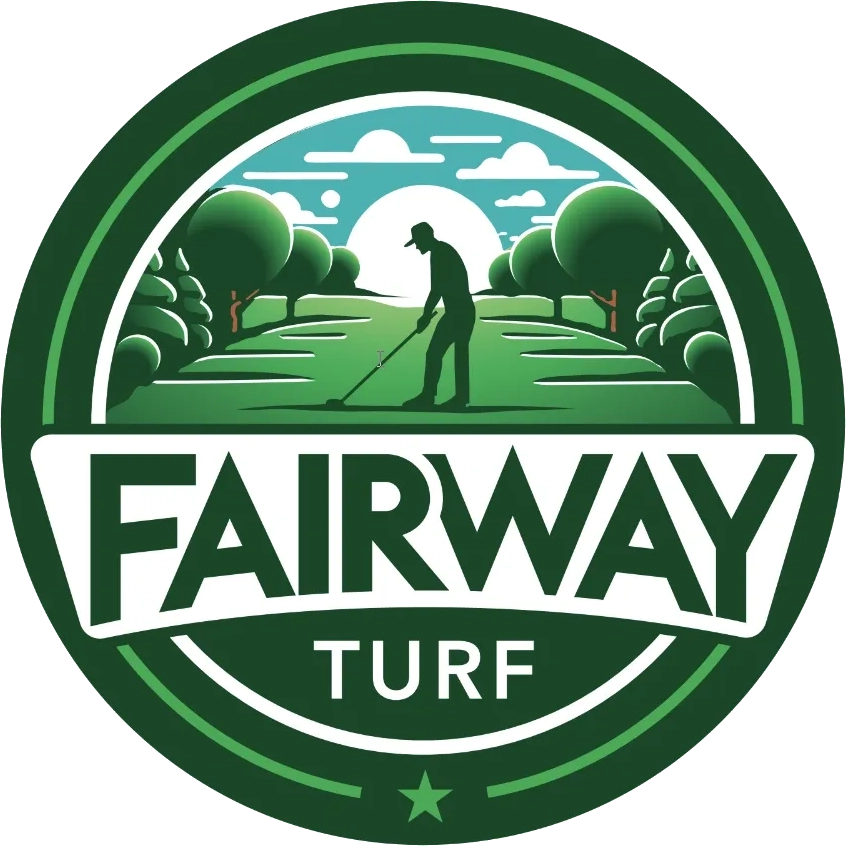 Fairway Turf logo featuring a golfer on a manicured lawn with trees and a sun backdrop, ideal for landscaping and turf services.